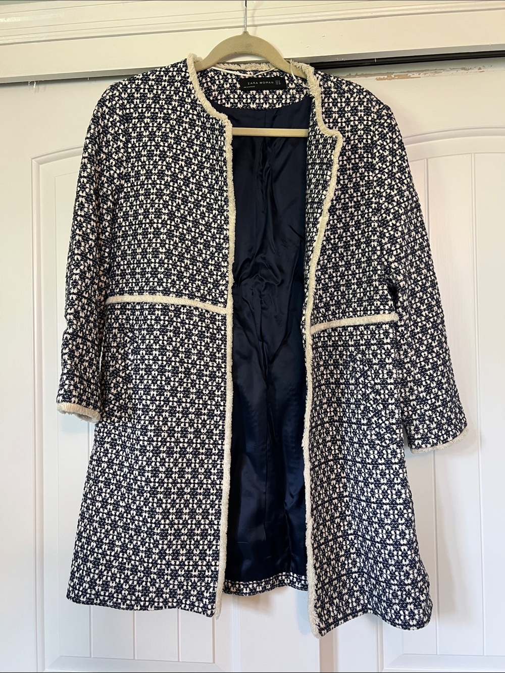 Zara Navy & White Tweed Open-Front Collarless Jacket - XL